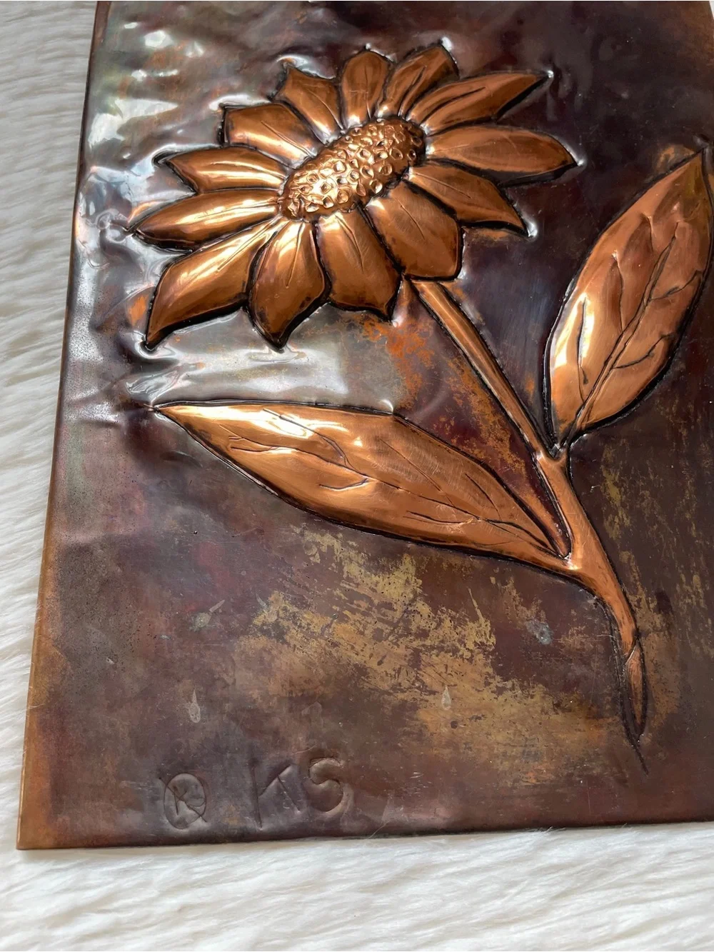 Vintage handmade signed bronze copper emboss 3D sunflower Art decor art
